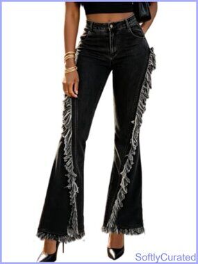Women's High Waisted Flare Jeans Fringe Hem Stretchy Bell Bottom Pants